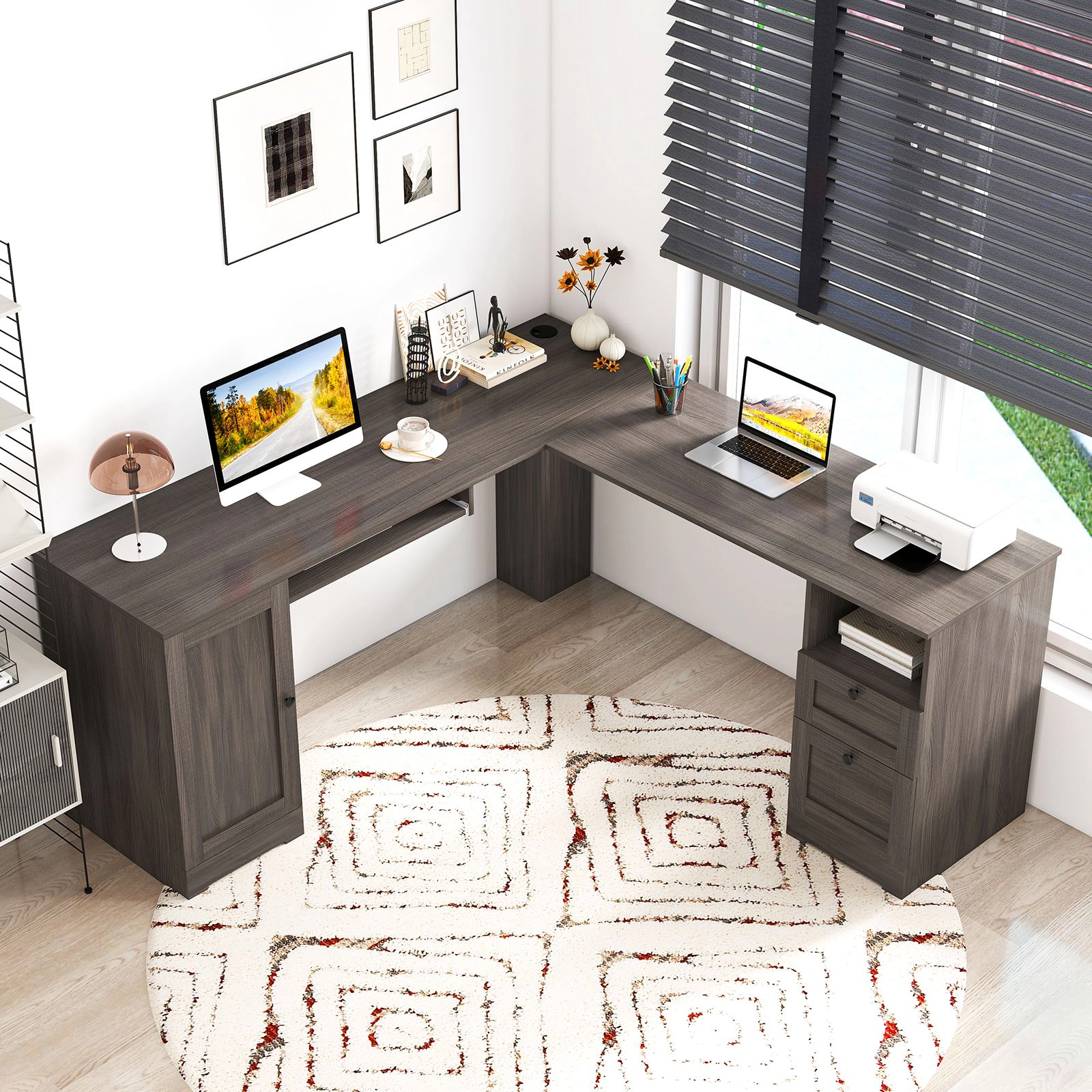 SlickBlue L-Shaped Computer Desk With Cabinet & Charging Station