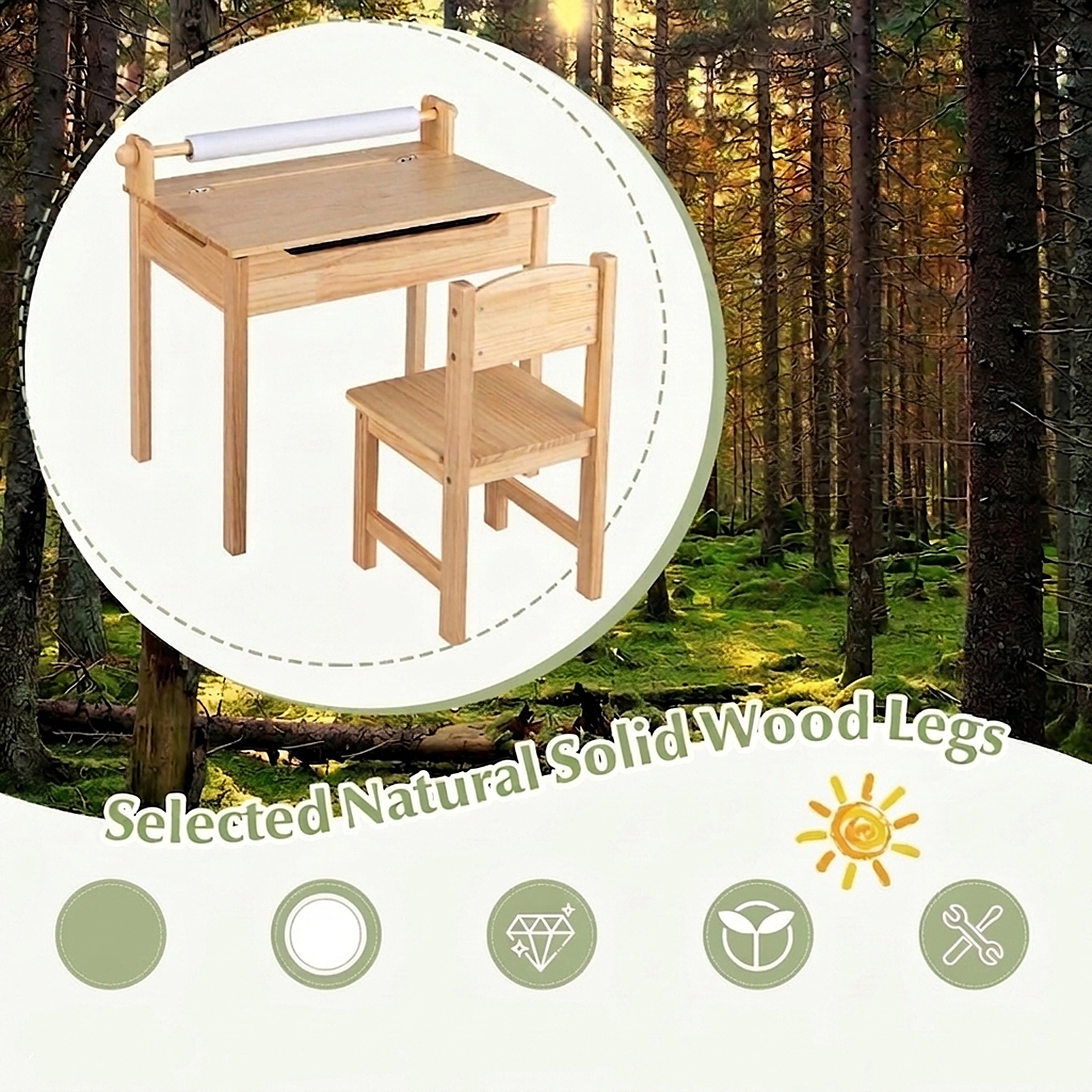 SUGIFT Natural Paper Roll Holder and Flip Top Toddler Activity Table and Chair Set