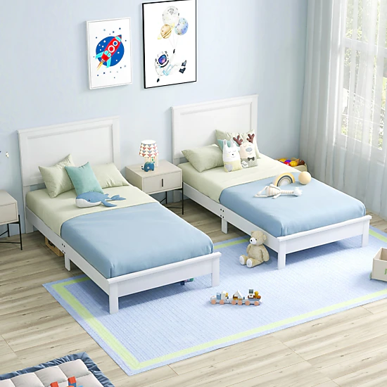 LJG Twin Size Wooden Bed Frame with Headboard and Slat Support