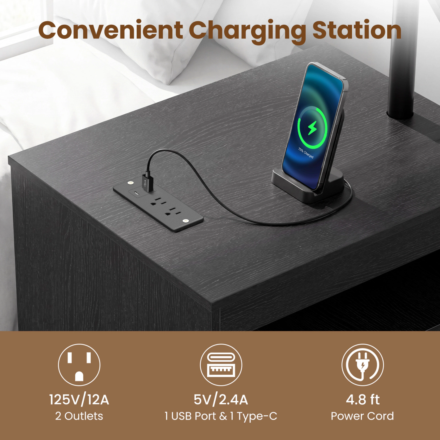 Hivvago Led Nightstand With Power Outlets Modern Bedside Table Flip Over