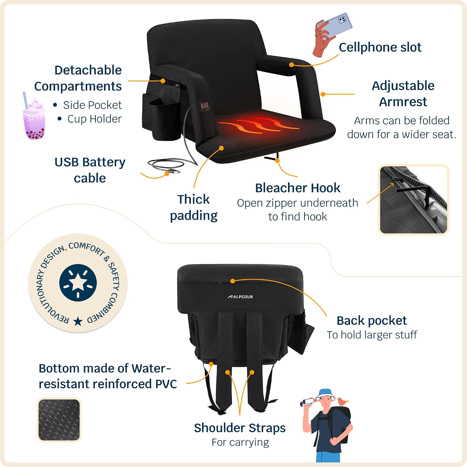 Alpcour Wide Heated Reclining Stadium Seat - Waterproof, Thickly Padded