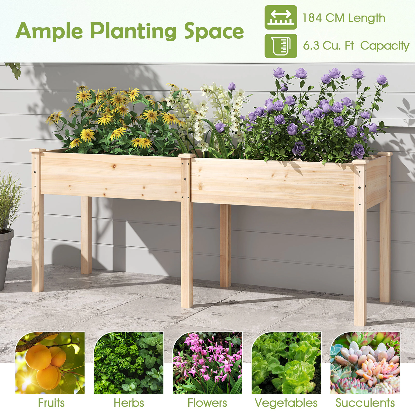 SUGIFT Natural Fir Wood Raised Garden Bed with Divider Panel and Legs 73-in W 23-in D 30-in H 330-lb Bed Capacity