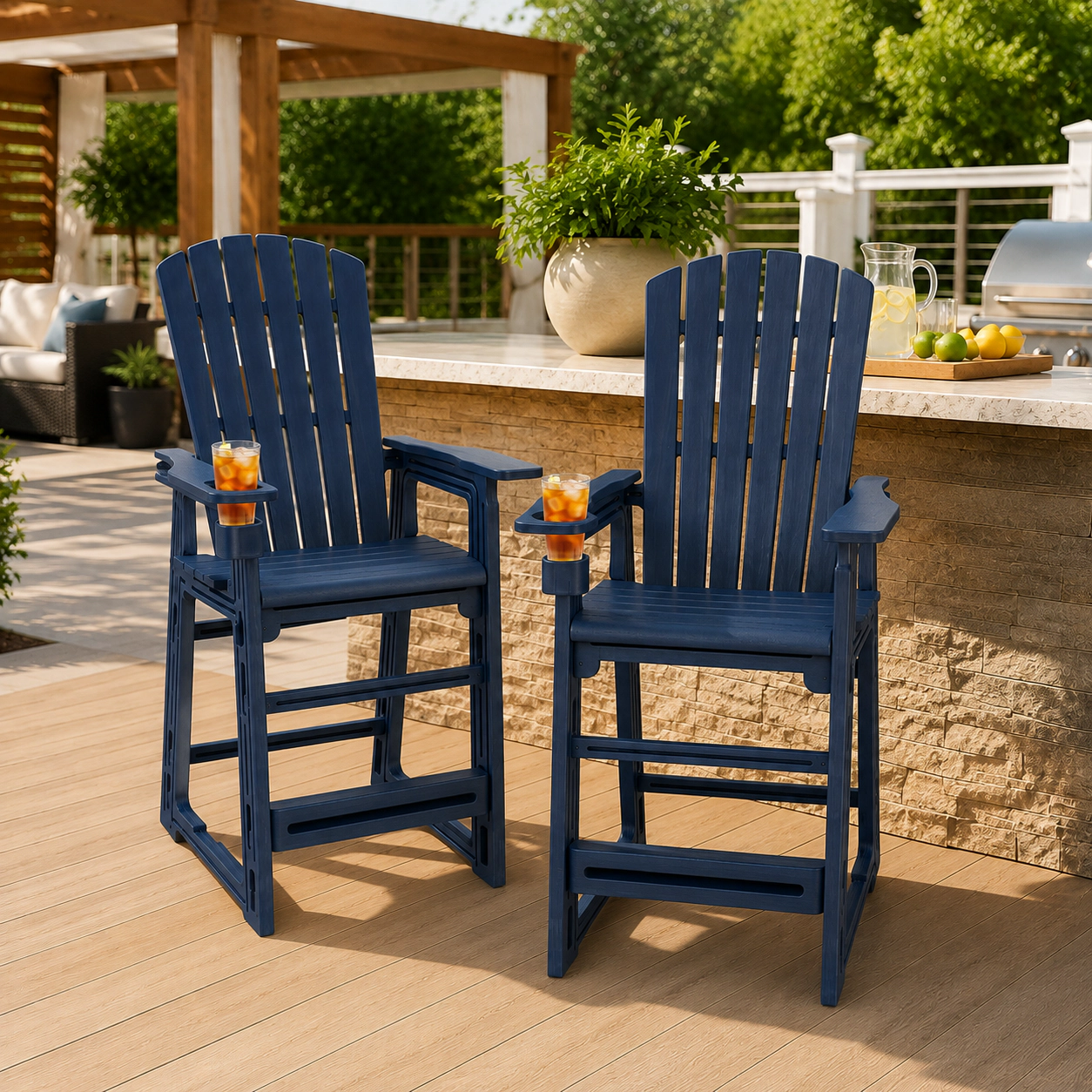 SUGIFT Navy Blue Backrest Armrests and Cup Holder Set of 2 Outdoor 29 Inch HDPE Bar Stools