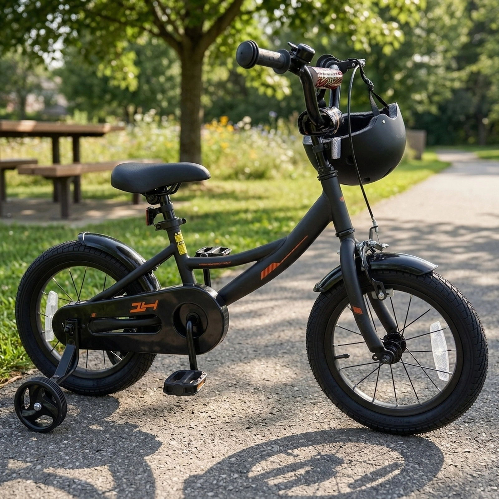 14-in Kids Bike Removable Training Wheels Adjustable Seat Ages 3-5 Black Bicycle Kickstand and 145-lb Seat Capacity