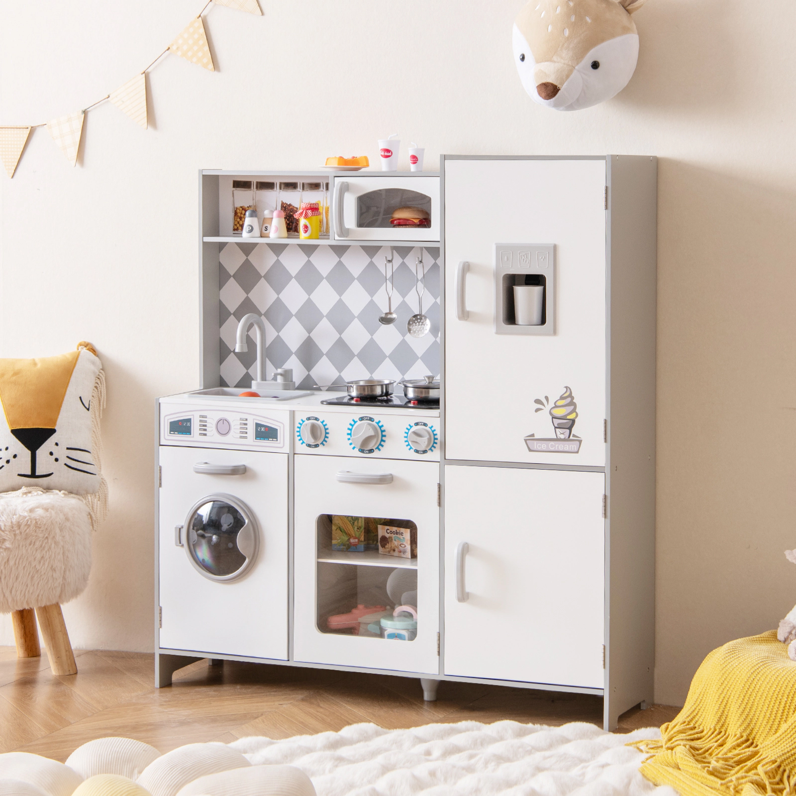 Pretend Play Kitchen for Kids with Light Up Stove Real Sounds Washing Machine and Ice Maker 36-in x 12-in x 40-in White