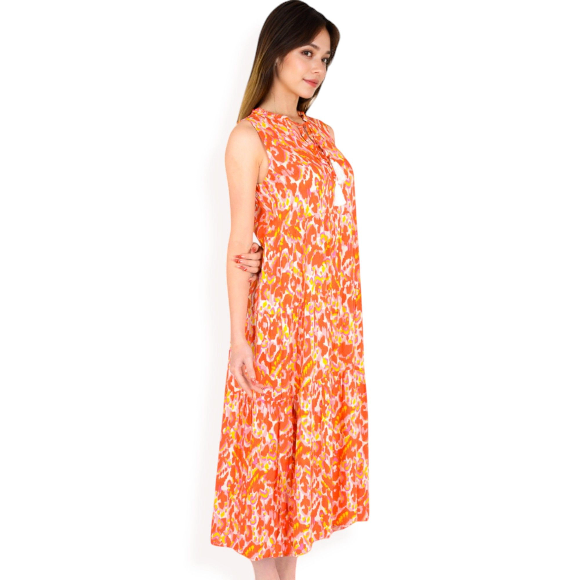 Anna-Kaci Women's Sleeveless Tiered Vibrant Abstract Print Tassel Tie Detail Maxi Dress