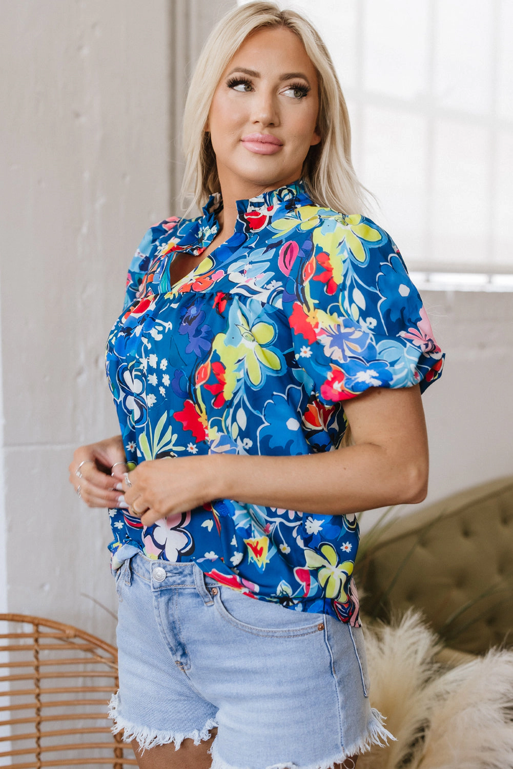 Threaded Pear Women's Ainara Flower Puff Short Sleeve Loose Blouse