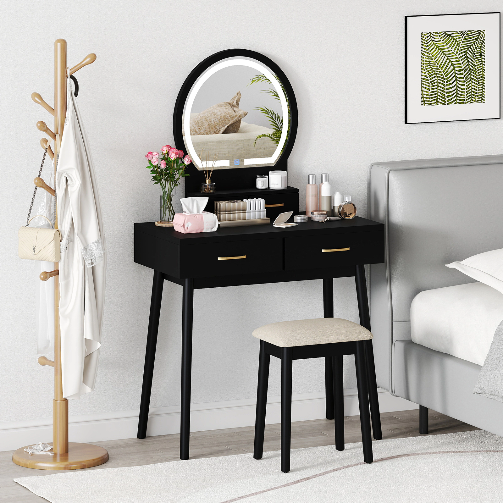 SUGIFT Small Vanity Makeup Dressing Table Set Cushioned Stool & LED Lighted Mirror 44-lb Tabletop 220-lb Stool Capacity