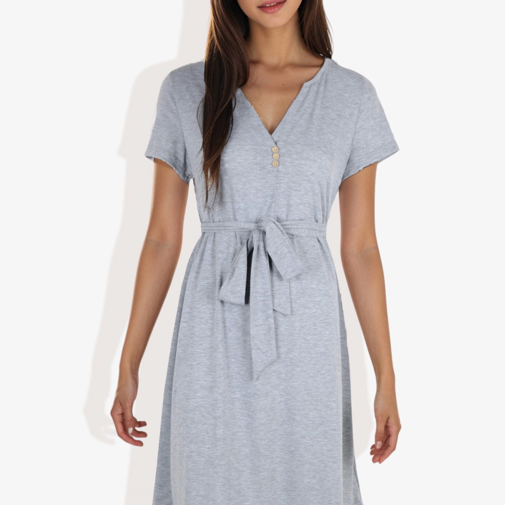 Anna-Kaci Women's Notched V-Neck Button Detail Belted Flared Tunic Dress