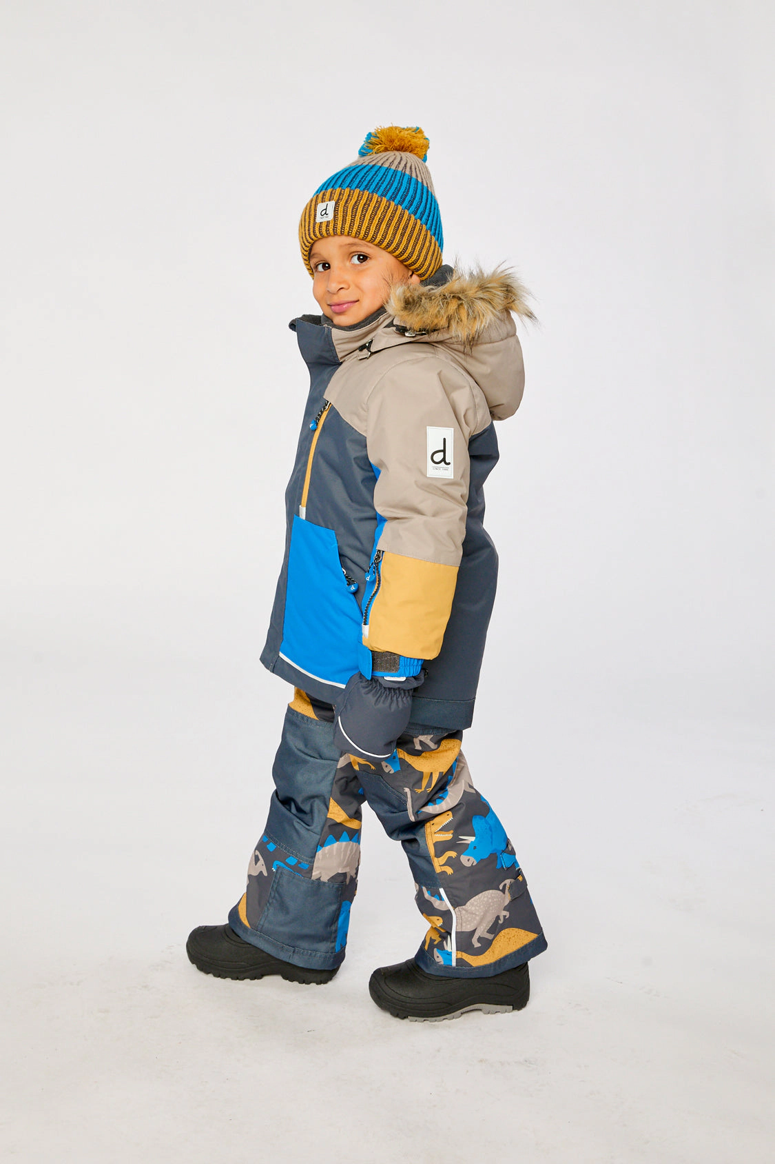 Deux par Boys Colorblock Two Piece Play Snowsuit with Hooded Jacket and Dinosaur Print Snow Pants