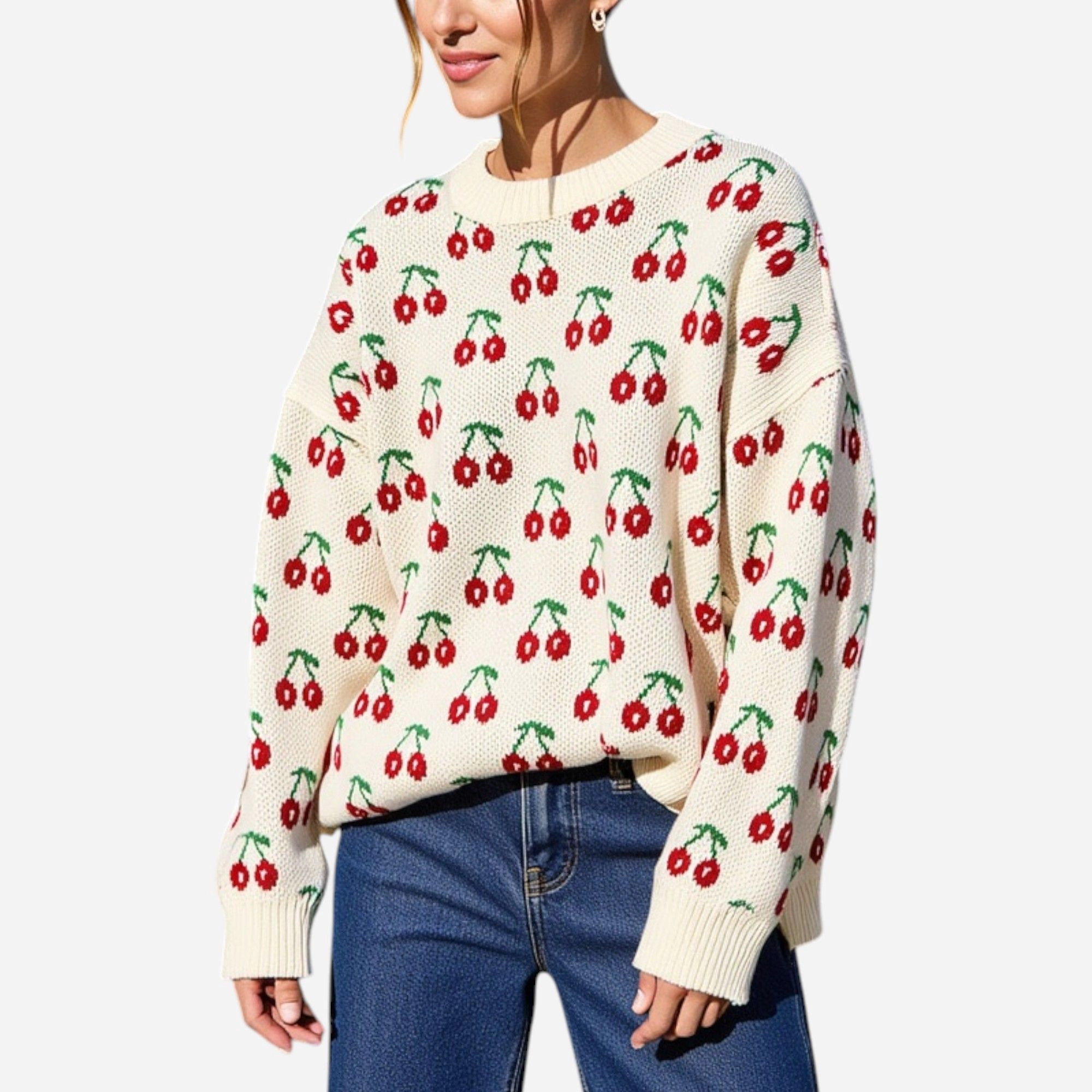 Anna-Kaci Women's Cherry Pattern Crew Neck Long Sleeve Pullover Knit Sweater