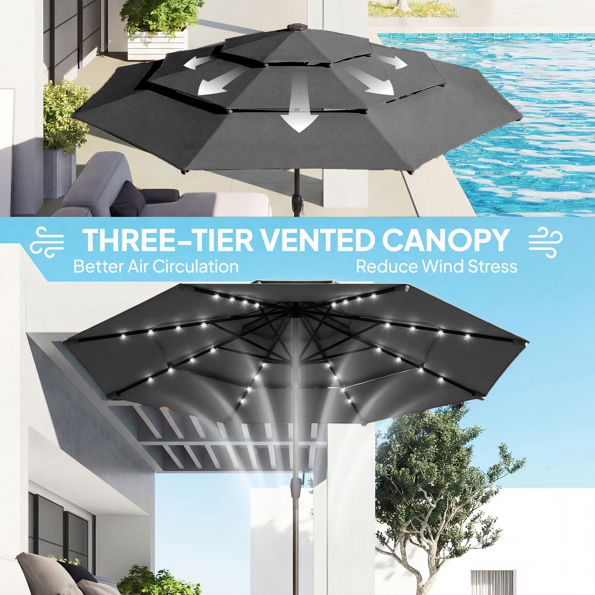 HONGGE 9.7 ft Outdoor Patio Umbrella with Solar LED Lights, 3 Tier Table Tilt, Crank