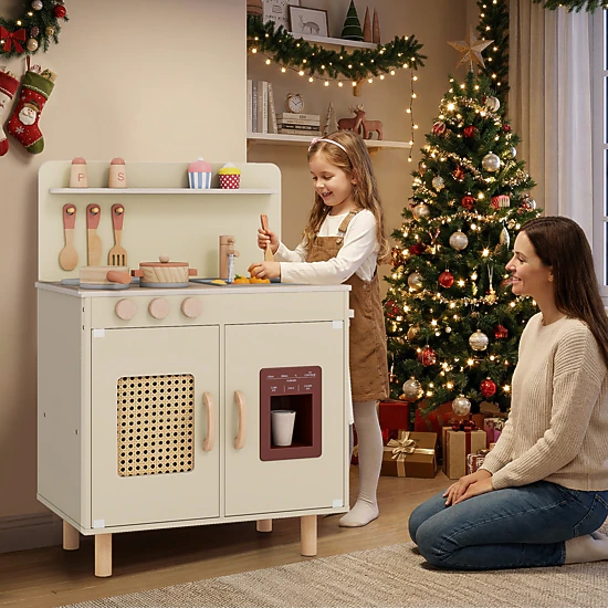 LJG Kids Wooden Pretend Kitchen Playset with Realistic Ice Maker