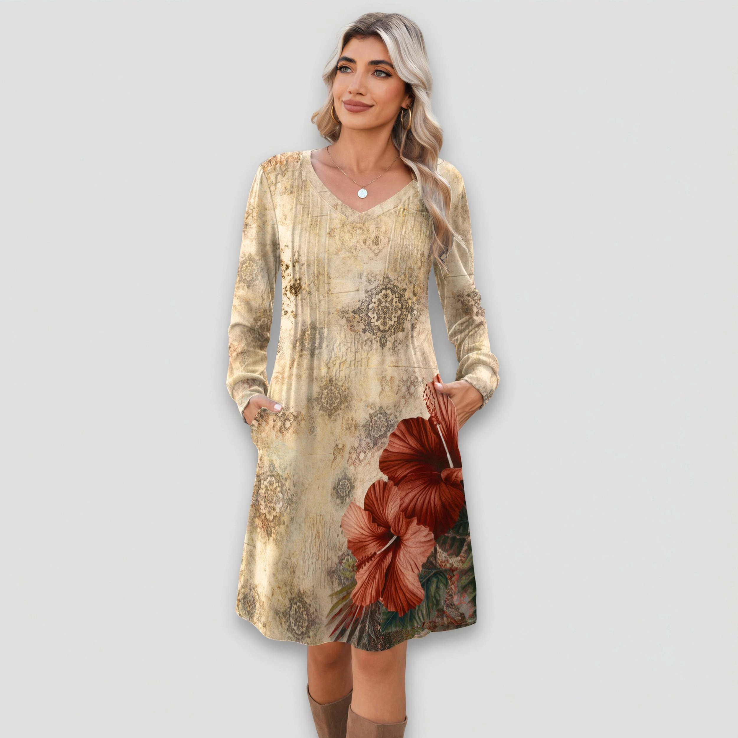 Zeagoo Women's V Neck Long Sleeve Midi Dress