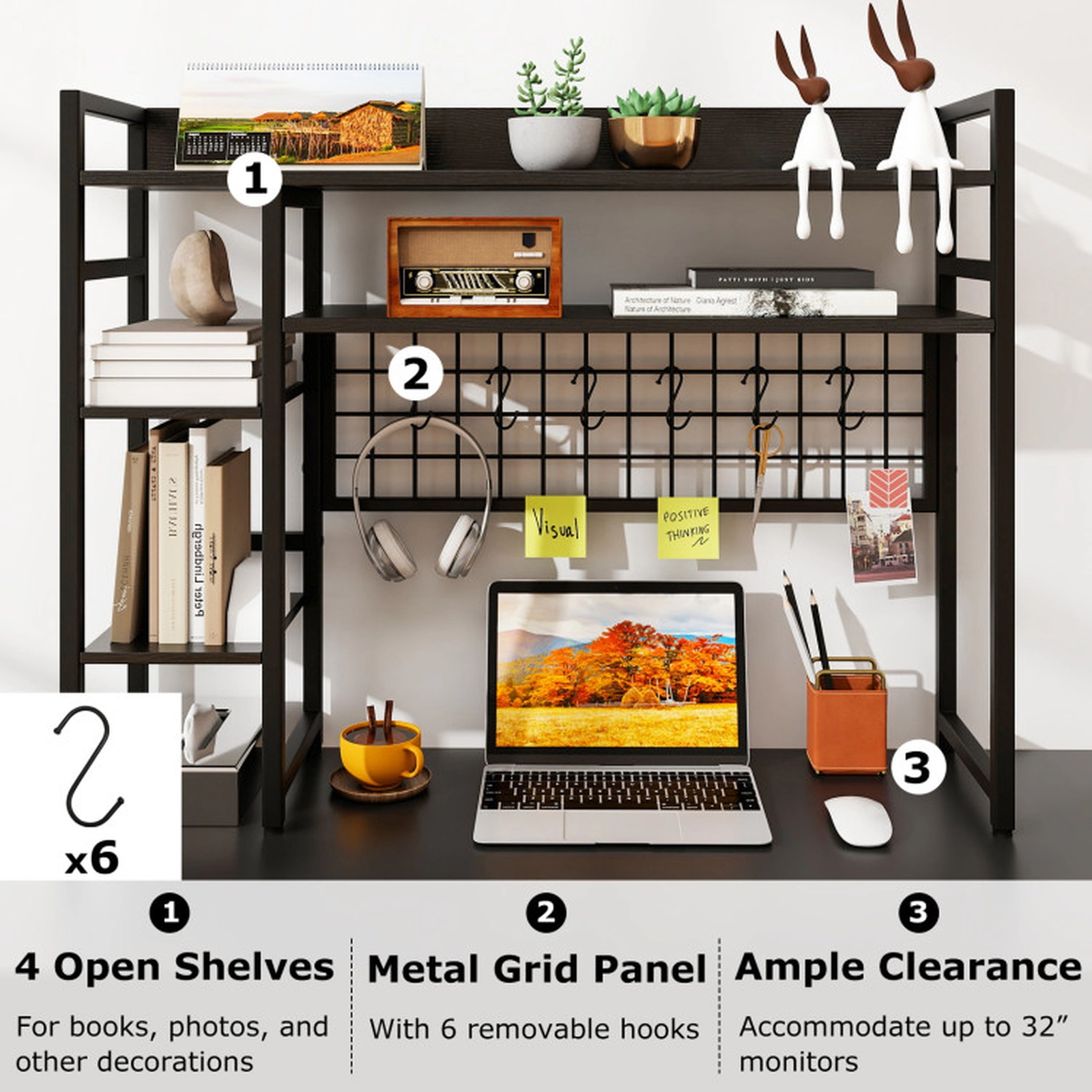 SUGIFT 4-Tier Black Desktop Bookshelf Desk Hutch with 6 Removable Hooks and Anti-Tipping Kits for Books