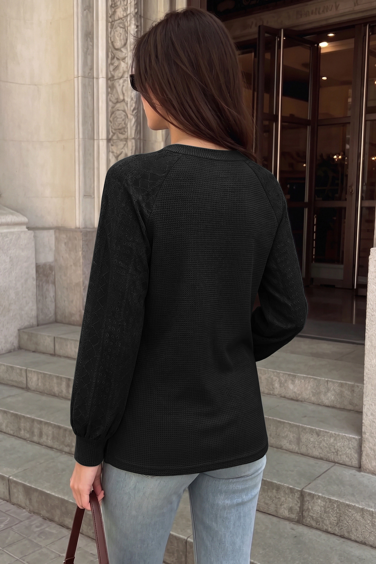 Enchanted Funland Womens Notched V‑Neck Waffle Knit Eyelet Raglan Long Sleeve Tops