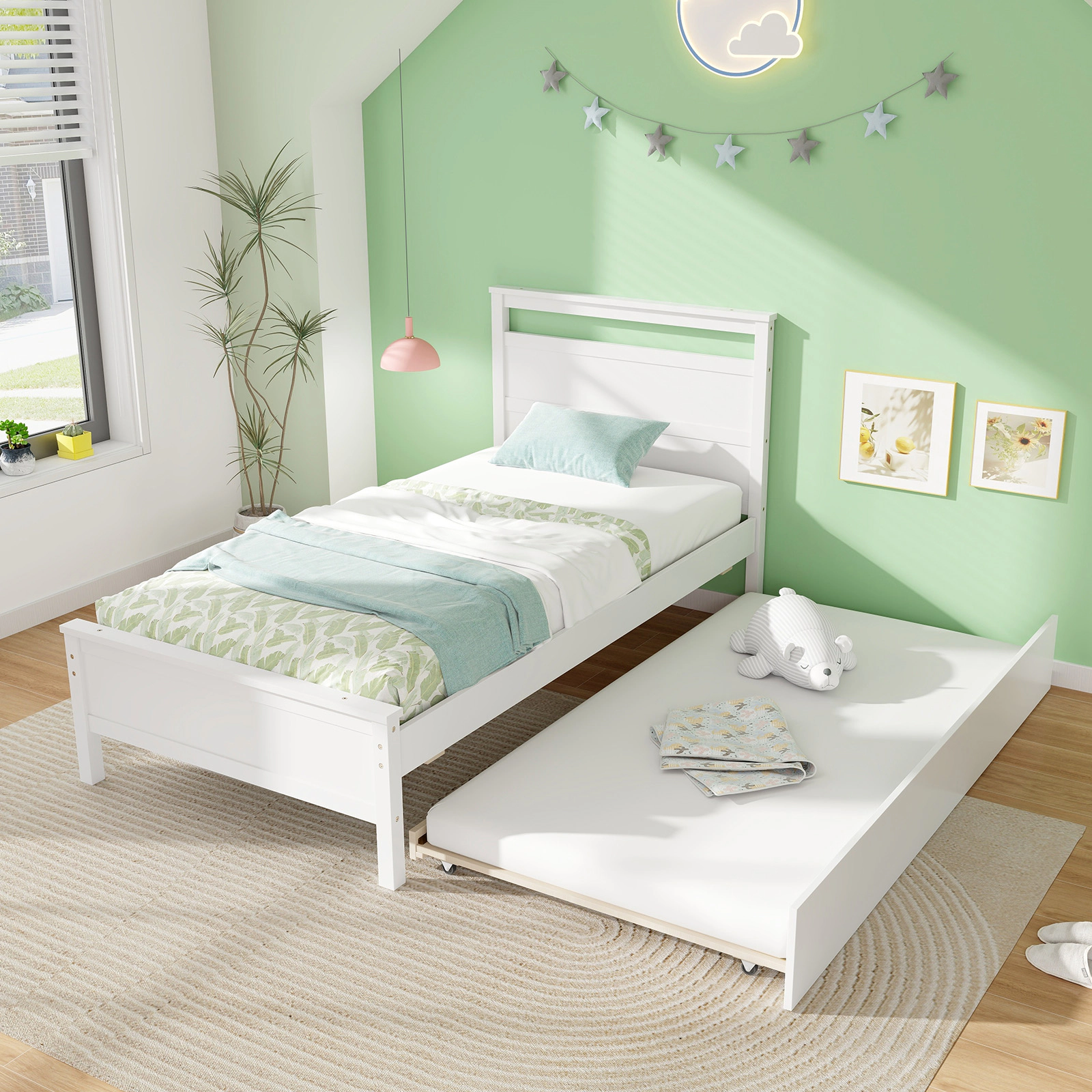 SUGIFT Twin Wood Platform Bed with Pull-Out Trundle, White, 200-Lb Capacity per Bed
