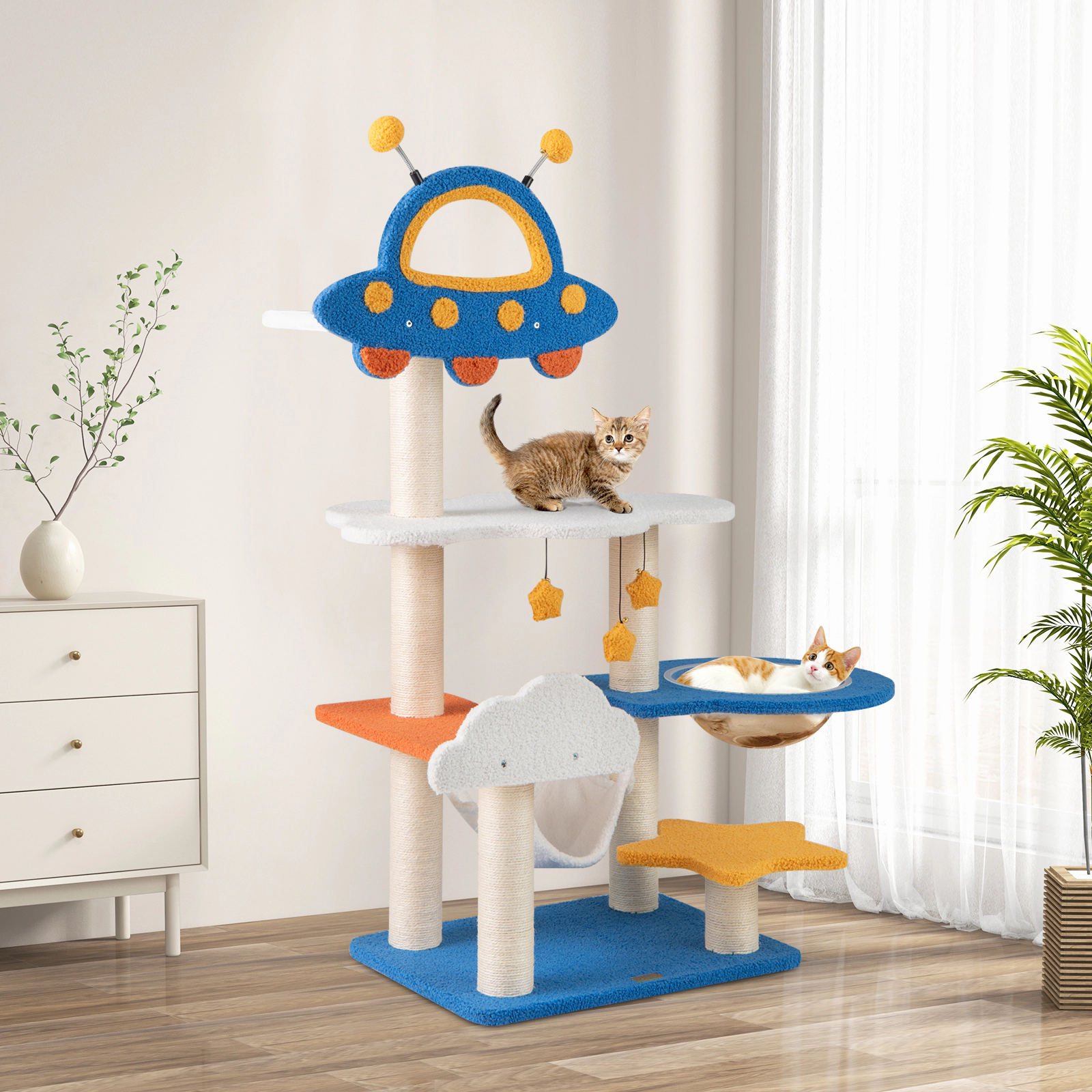 Glintex 49-Inch Space-Themed Cat Tree with UFO Top Perch and Transparent Capsule, Blue