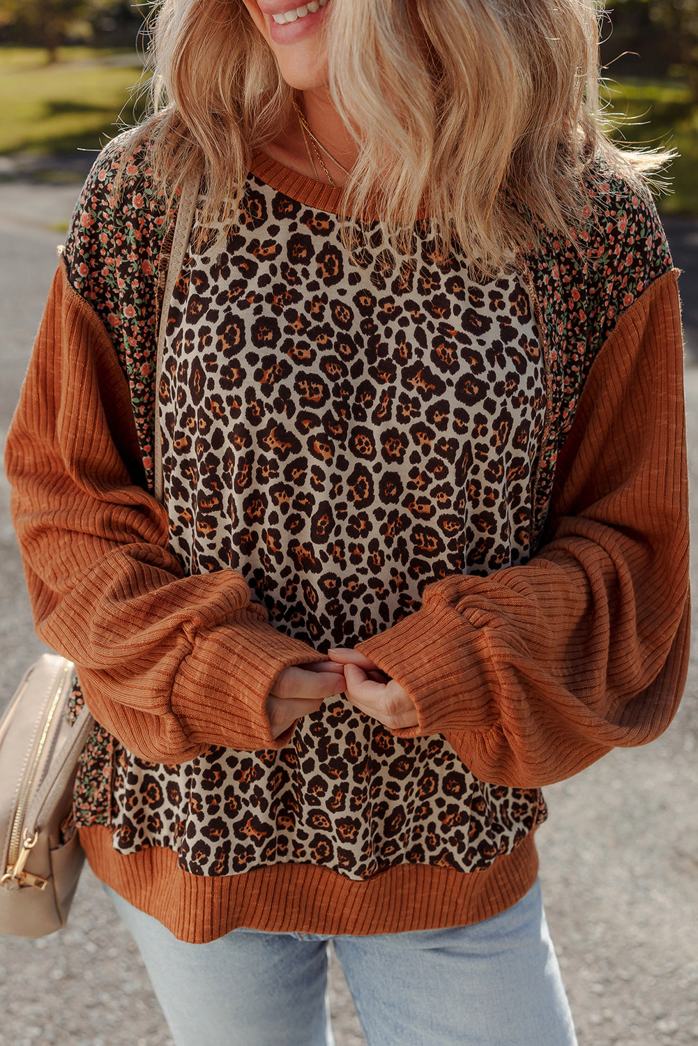 Threaded Pear Women's Natalie Leopard & Floral Patchwork Loose Top