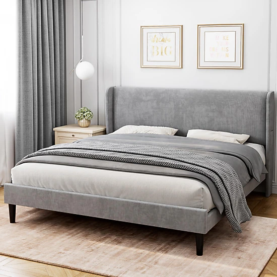 BebreezChic Velvet Upholstered Platform Bed Frame with Wingback ...