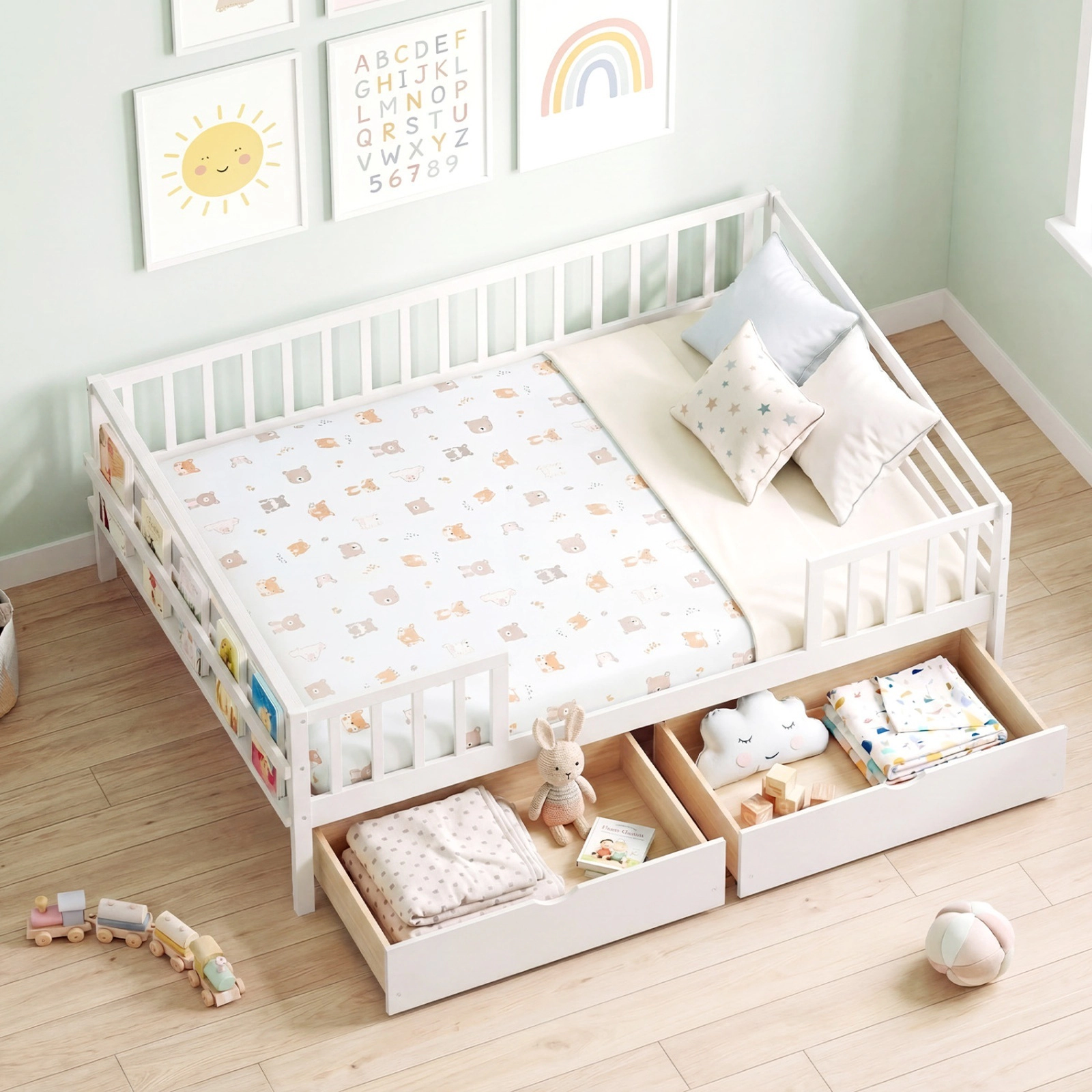 SUGIFT Full-Size Kids Daybed with Guardrail, 2 Drawers and Side Shelf, White