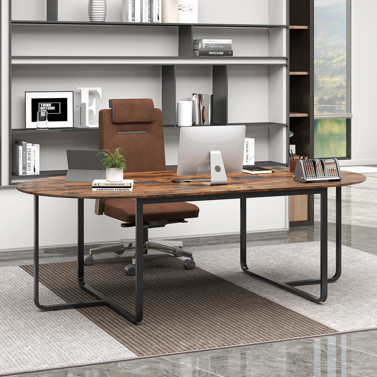 SUGIFT 95-in Oval Conference Executive Desk Table with Dual Cable Holes 265-lb Capacity Rustic Brown & Black 1-Piece