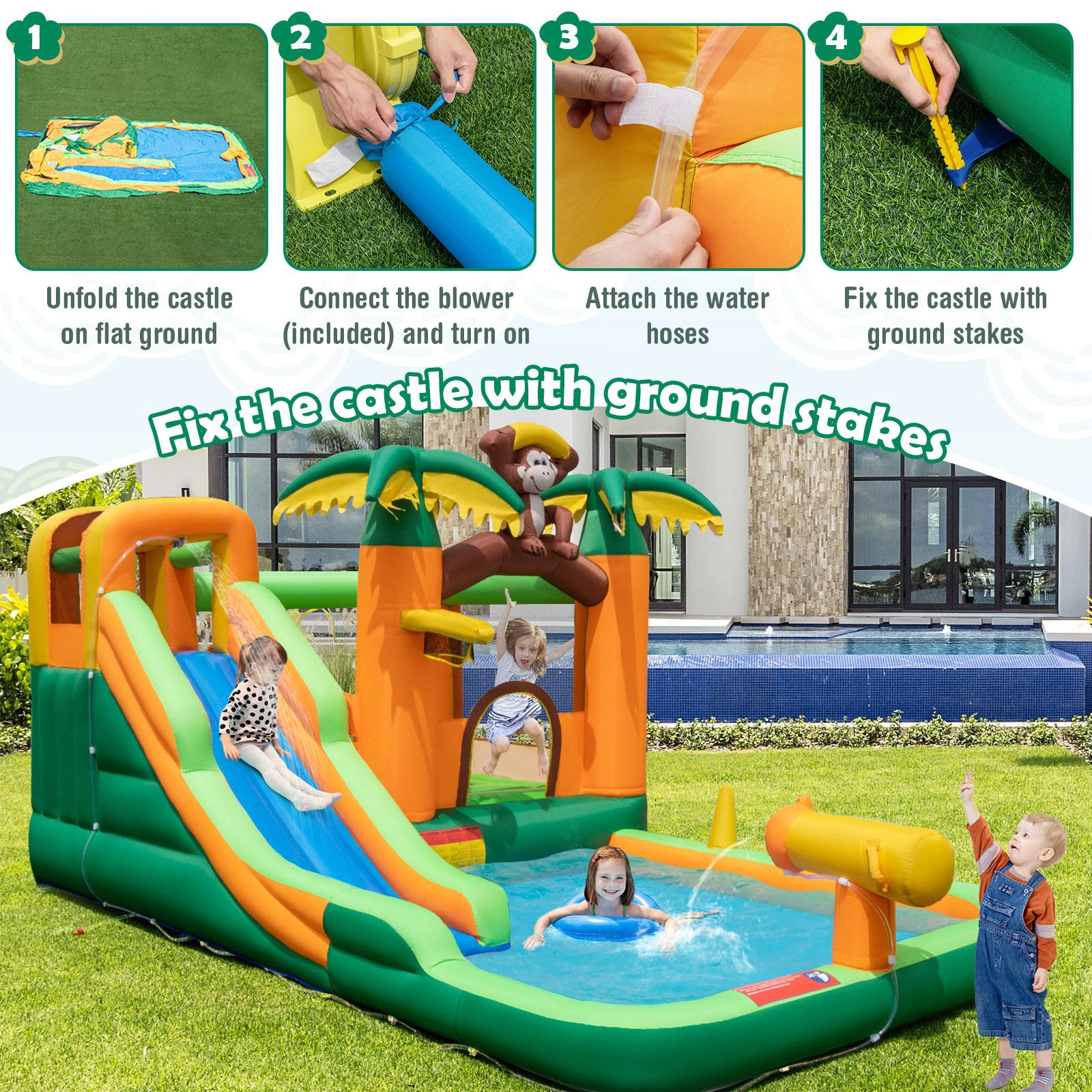SUGIFT Monkey Themed Jumping Area Splash Pool and 680W Blower Kids Inflatable Water Slide
