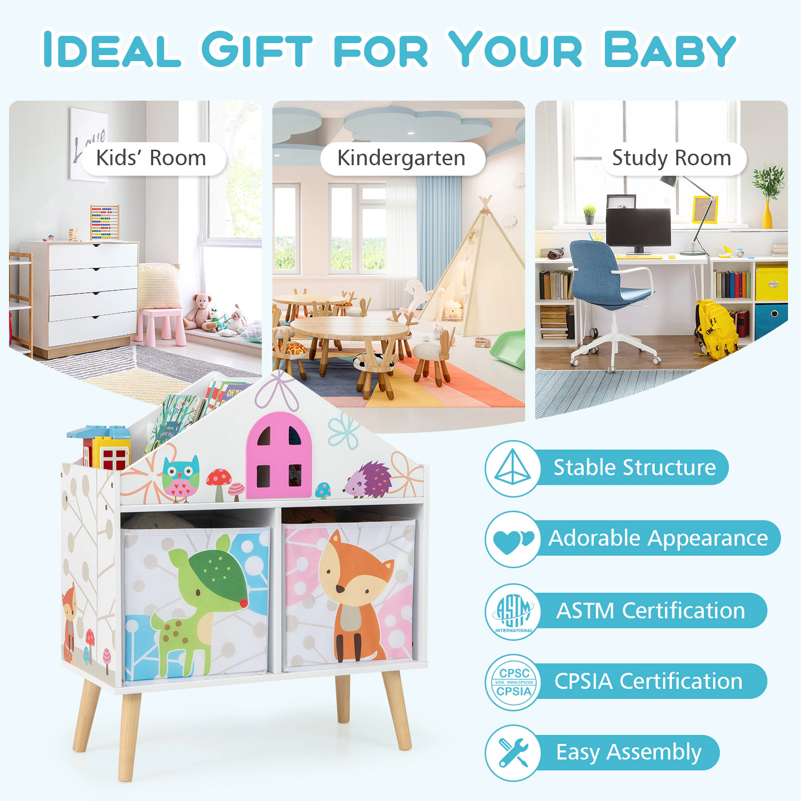 Hivvago Kids House-Shaped Bookshelf With 2 Storage Bins