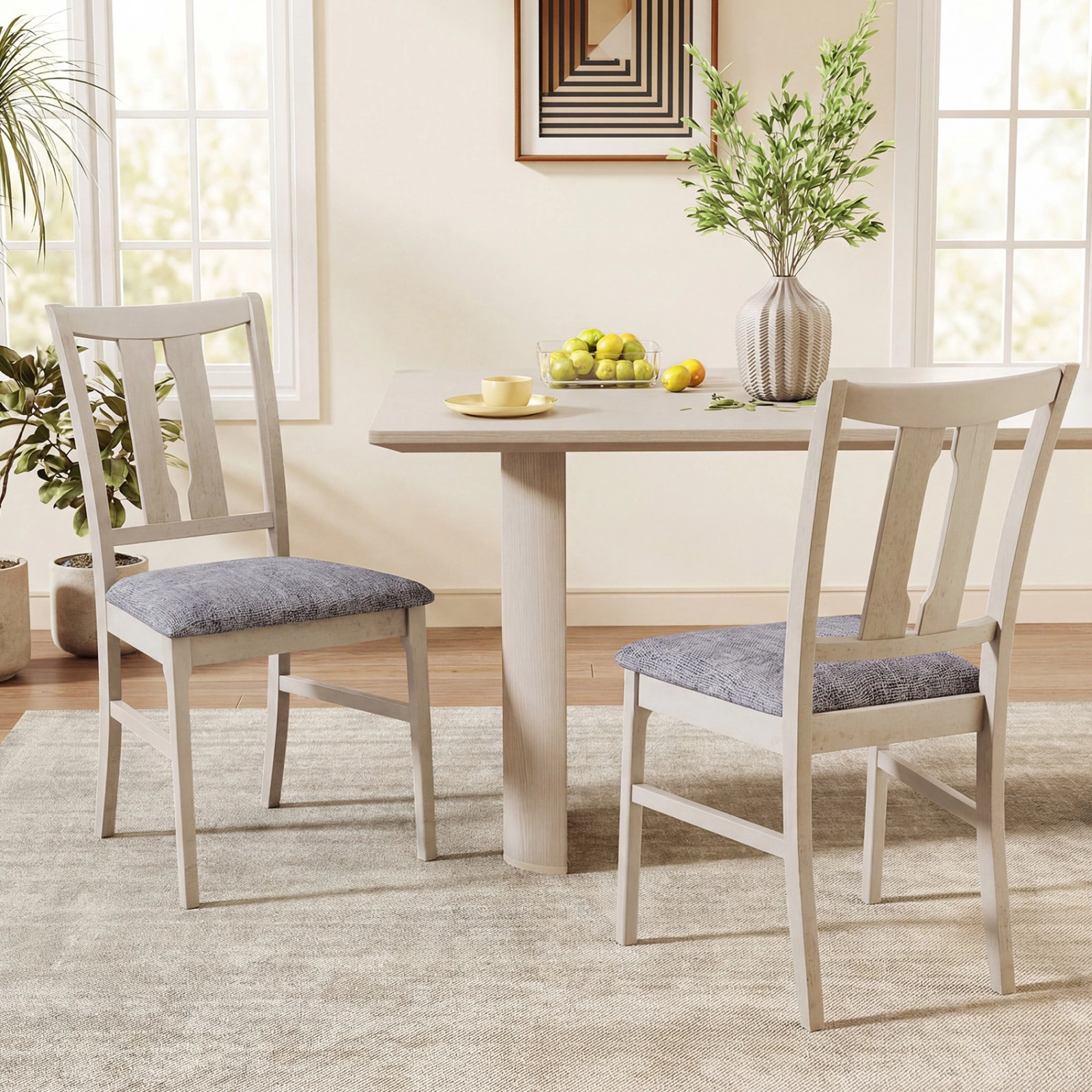 SUGIFT Set of 2 Wooden Upholstered Dining Chairs High Curved 20-in Back 330-lb Capacity Gray & White Rubber Wood Frame