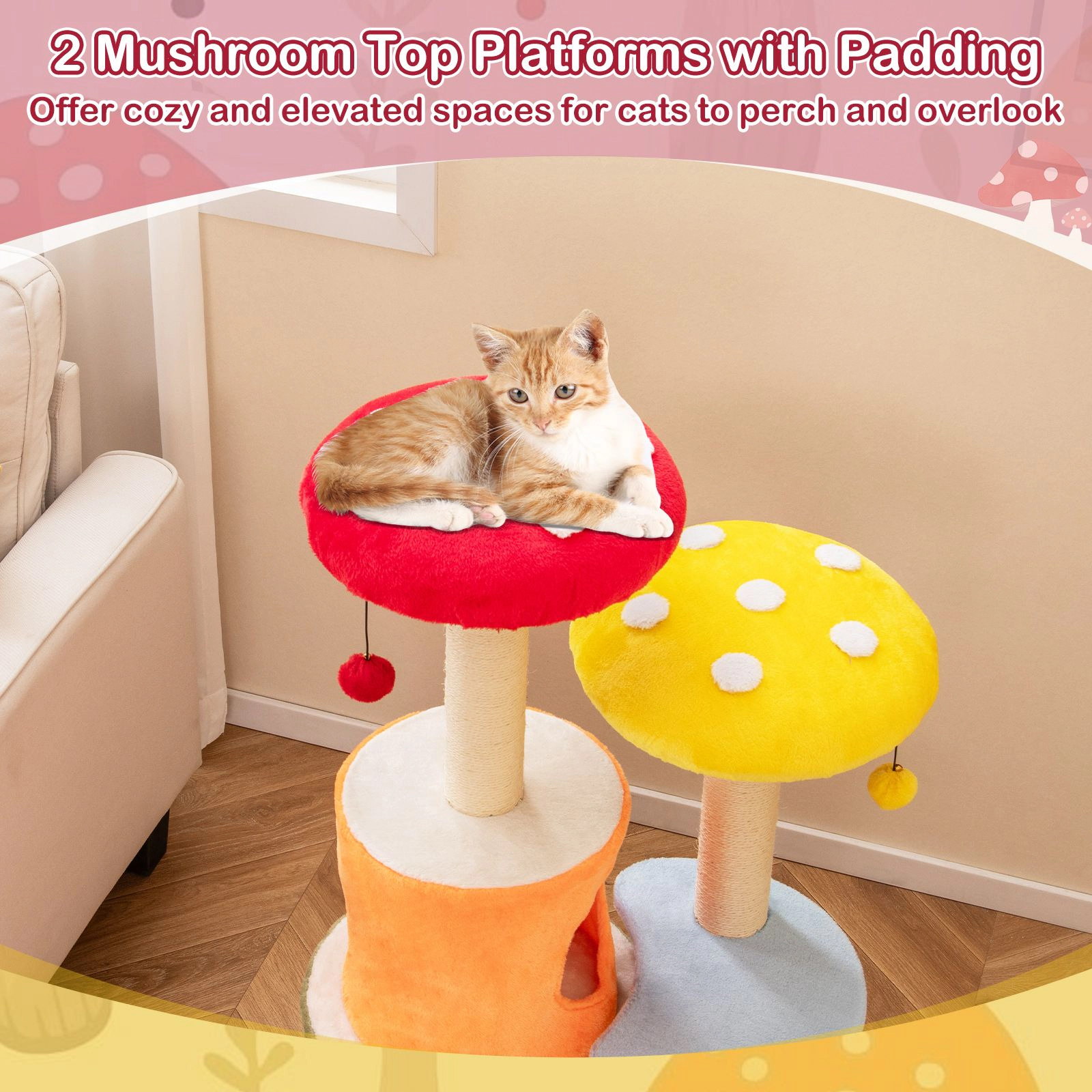 SlickBlue 43" Mushroom Cat Tree with 2 Condos, Perches & Scratcher