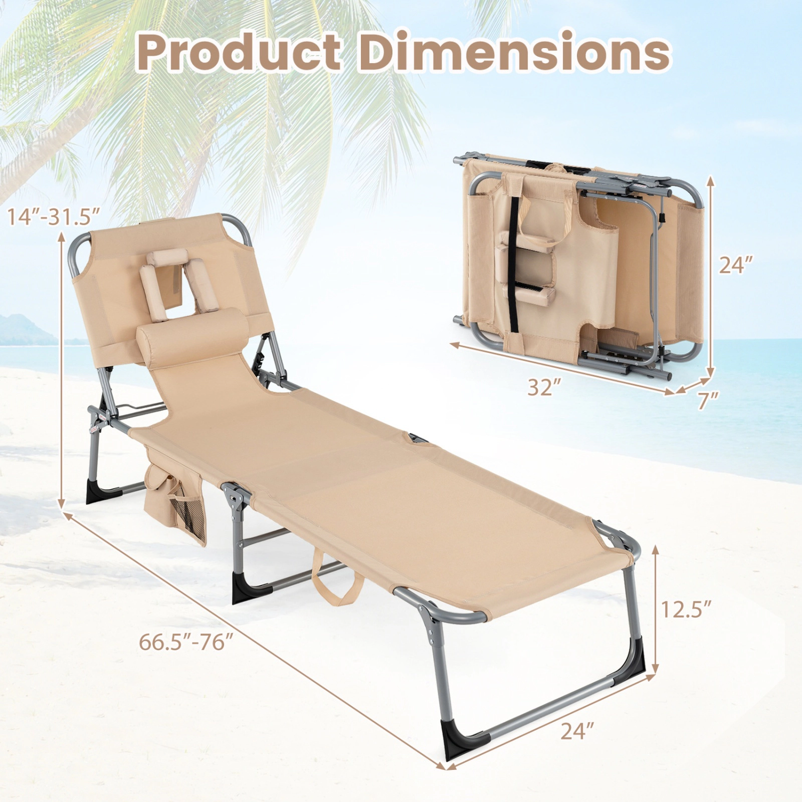 SUGIFT Adjustable Folding Tanning Chair with Face & Arm Holes 330-lb Capacity with Pillow & Storage Pockets Black Pink