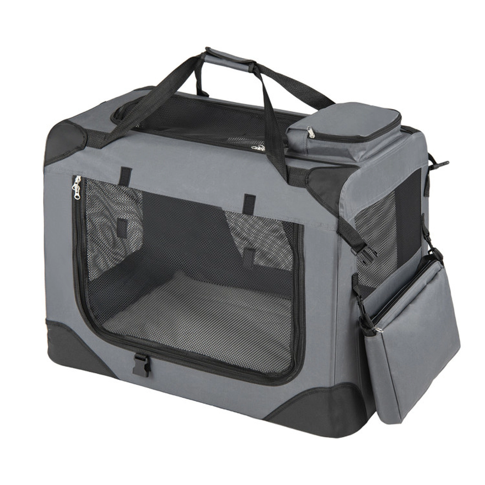 SUGIFT Gray 28-in Collapsible Soft Dog Travel Crate with 3 Roll-Up Doors Mesh Windows and Fleece Bed
