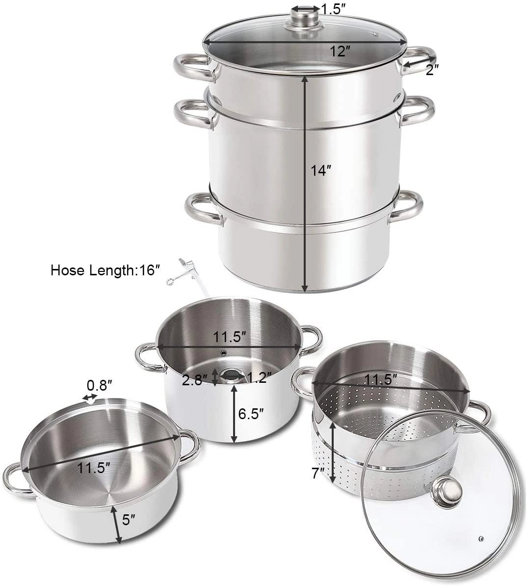 SUGIFT 11-Quart Fruit Juicer Steamer Pan with 3 Steam Pots and Glass Lid for Gas Electric and Induction Cook Tops