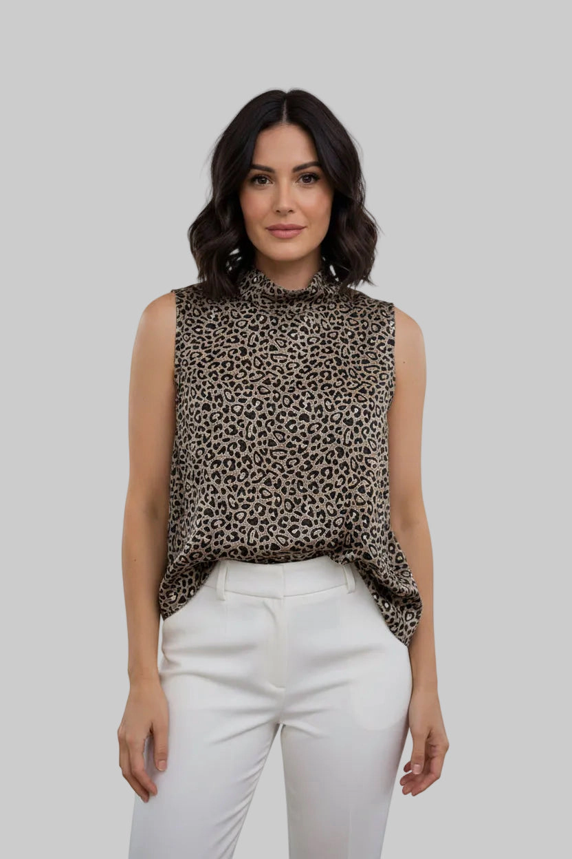 DressAtR Women's Black Satin Mock Neck Back Button Opening Sleeveless Animal Print Blouse