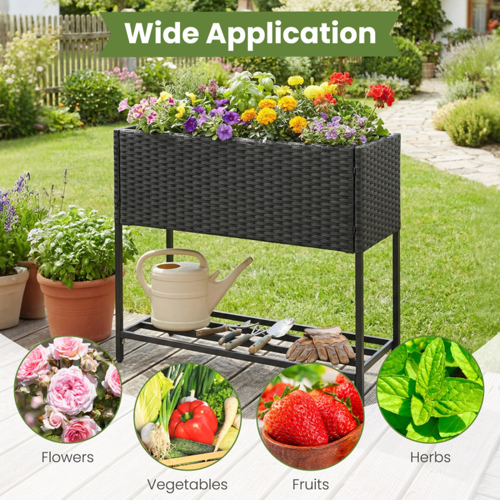 SUGIFT Elevated Garden Planter with Bottom Shelf 132-lb Planter Capacity 66-lb Shelf Capacity 28-in Tall Black/Brown