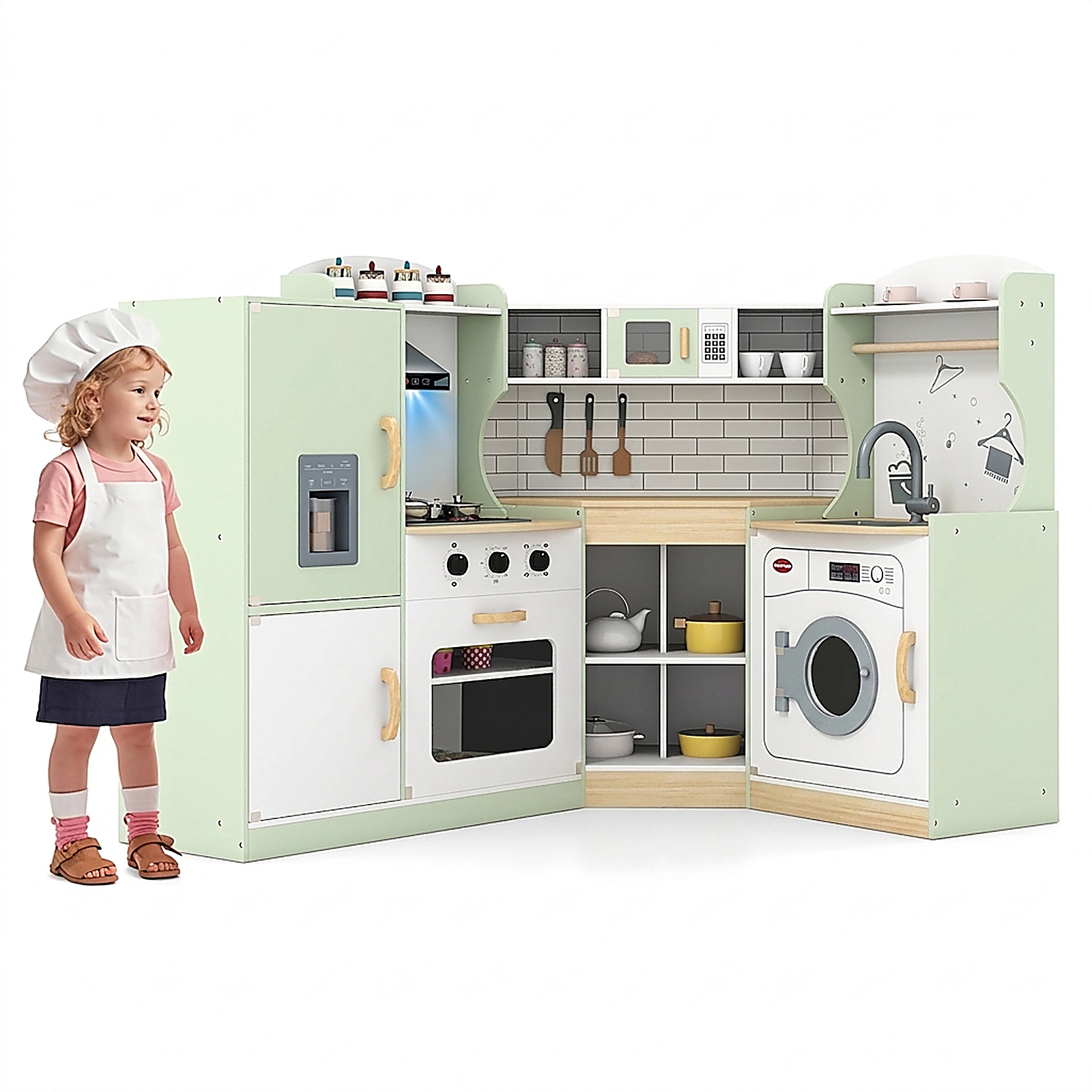 SUGIFT Corner Kids Play Kitchen with Washing Machine, Ice Maker and Storage 37-in Tall Ages 3-10 Years White Pink Brown