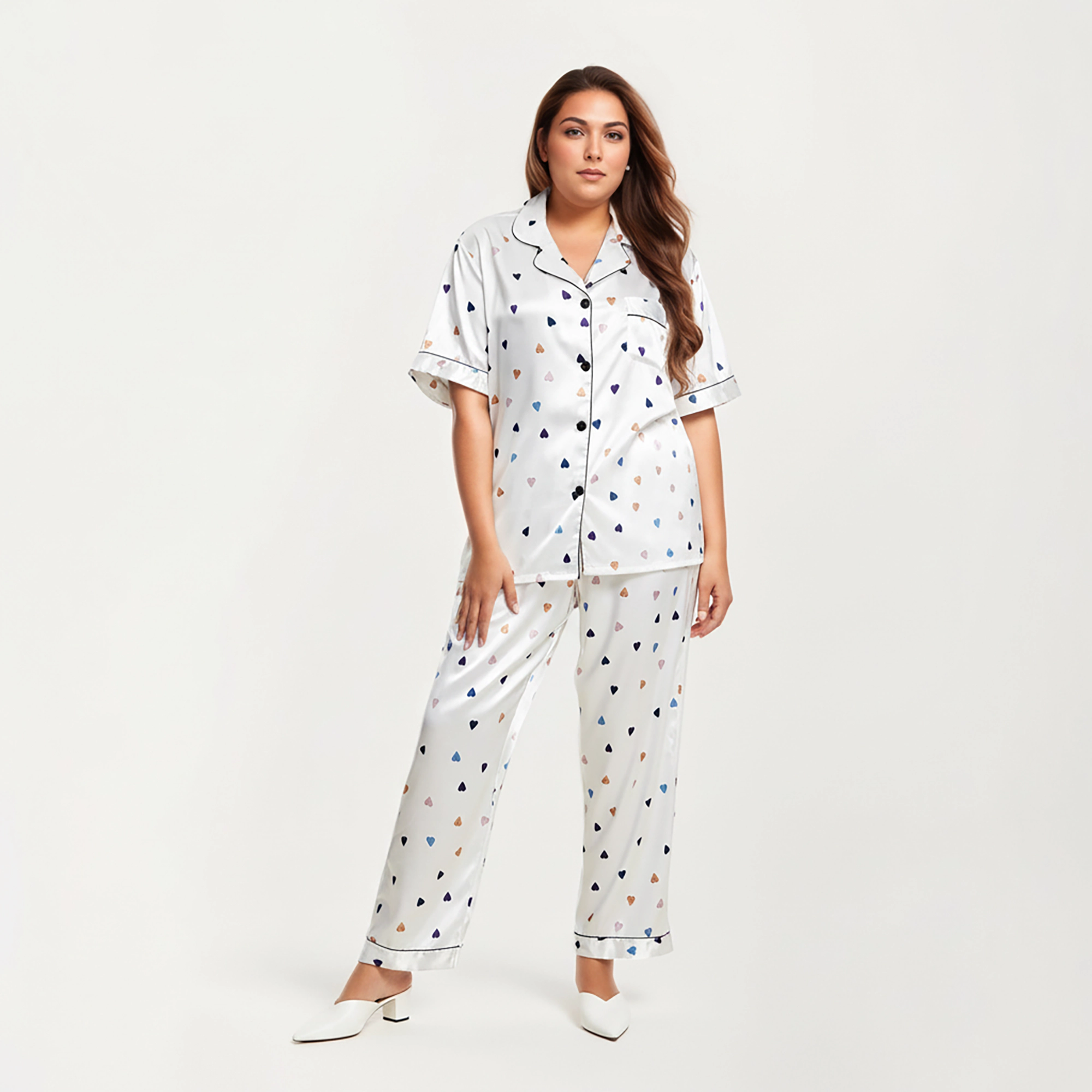 Anna-Kaci Women's Plus Valentine Heart Print Satin Pajama Set Short Sleeve Button Front Top Straight-Leg Pants