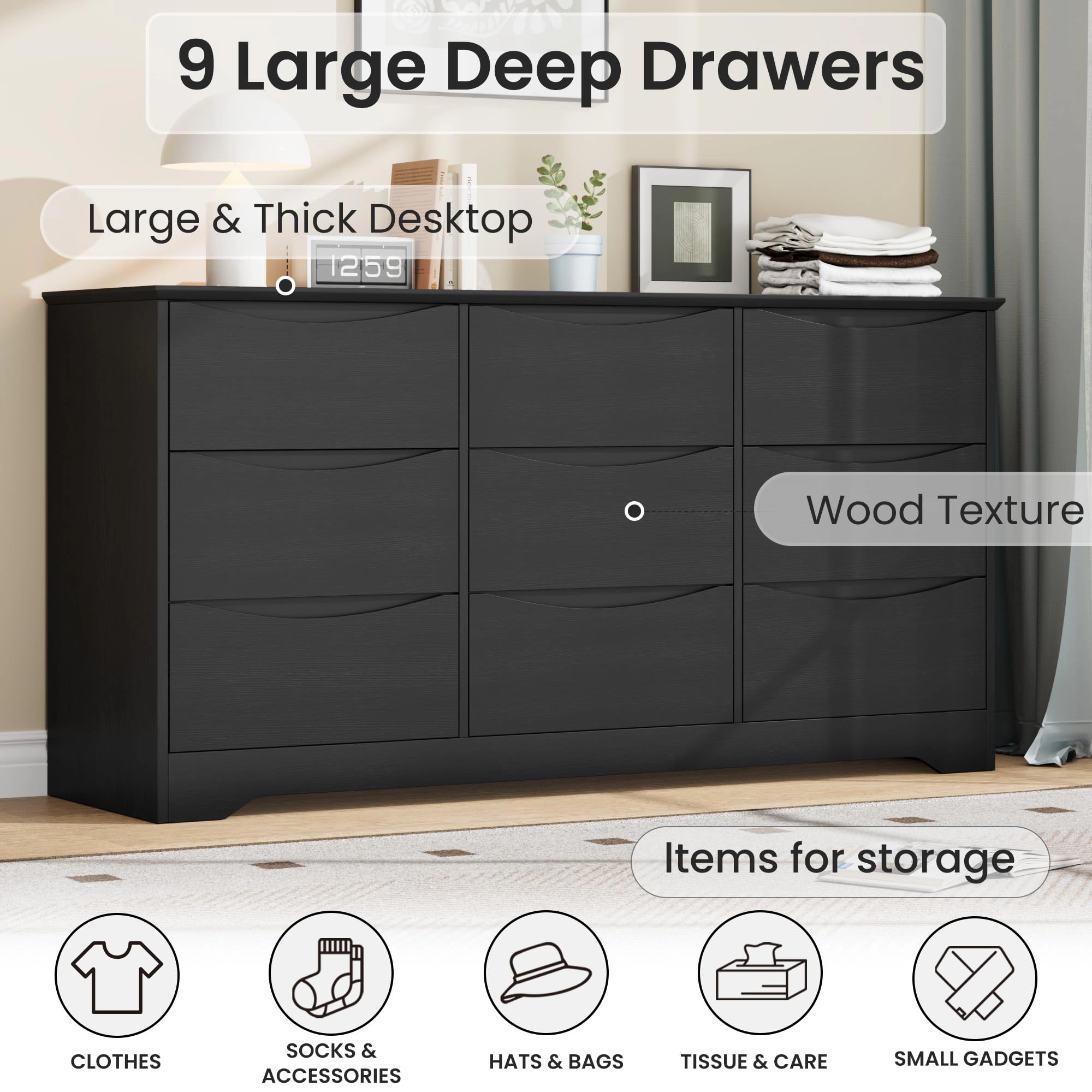 9 Drawer Modern Dresser with Hidden Handles, 59" Wide Large Double Storage Chest for Bedroom Living Room Hallway