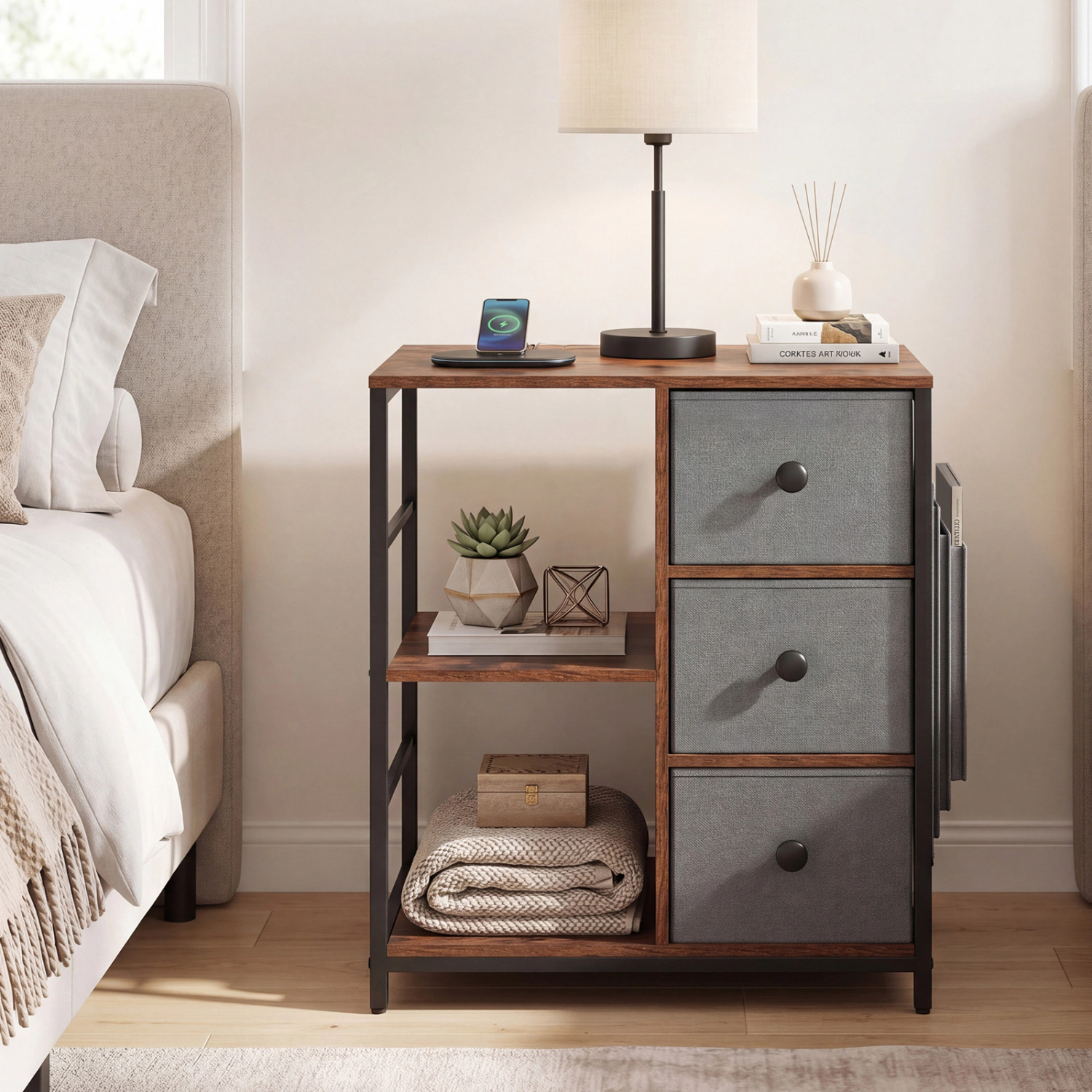 Hivvago Side Table With Charging Station Industrial Nightstand With Open Shelves