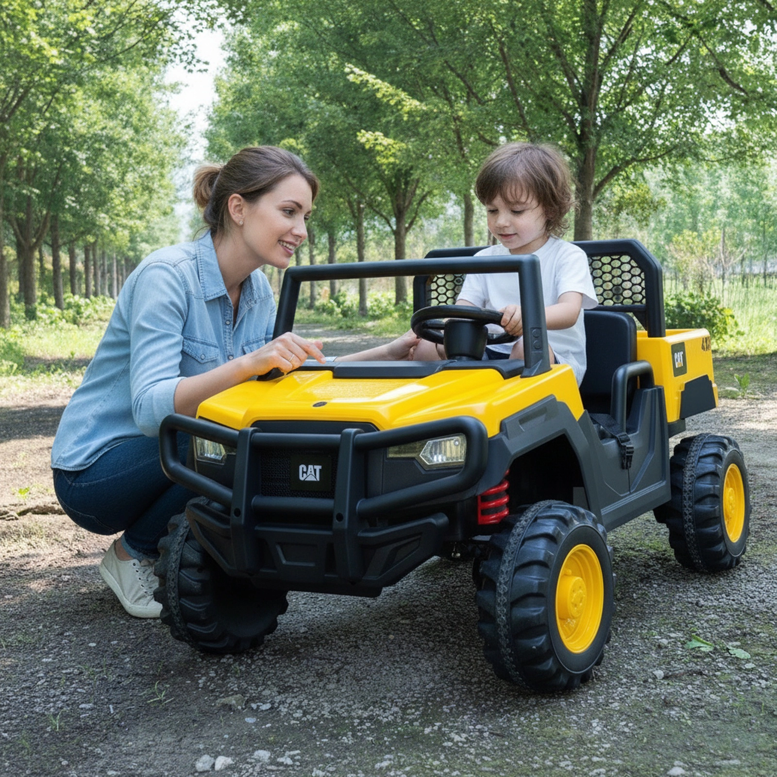 24V 2-Seater Kids Ride On Dump Truck Four 100-W Motors Tilting Bed Opening Tailgate Included Shovel Ages 3-8 Yellow