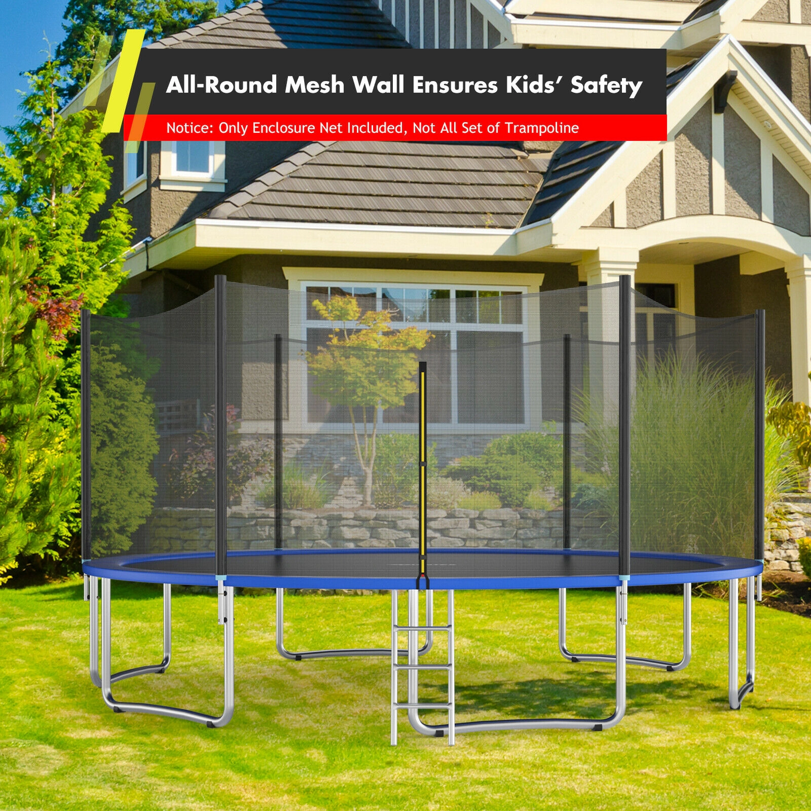 SUGIFT PE Mesh Trampoline Enclosure Net for 8-ft 10-ft 15-ft 16-ft Round Trampolines with 6 Straight Poles Black
