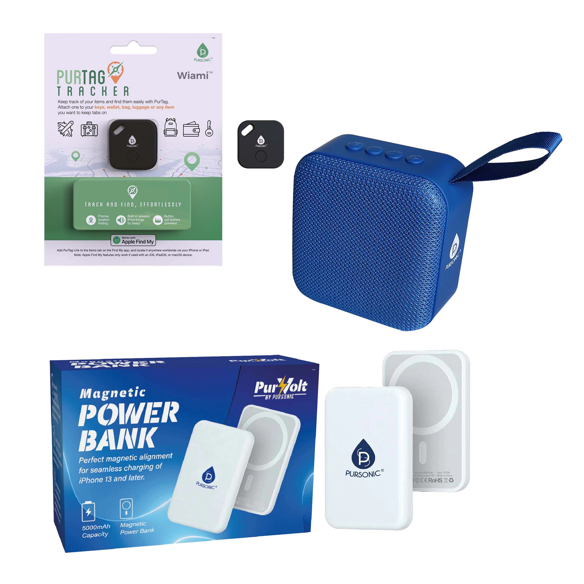 Pursonic Unisex Travel Essentials Bundle with Wireless Power Bank, Tracker & Wireless Speaker