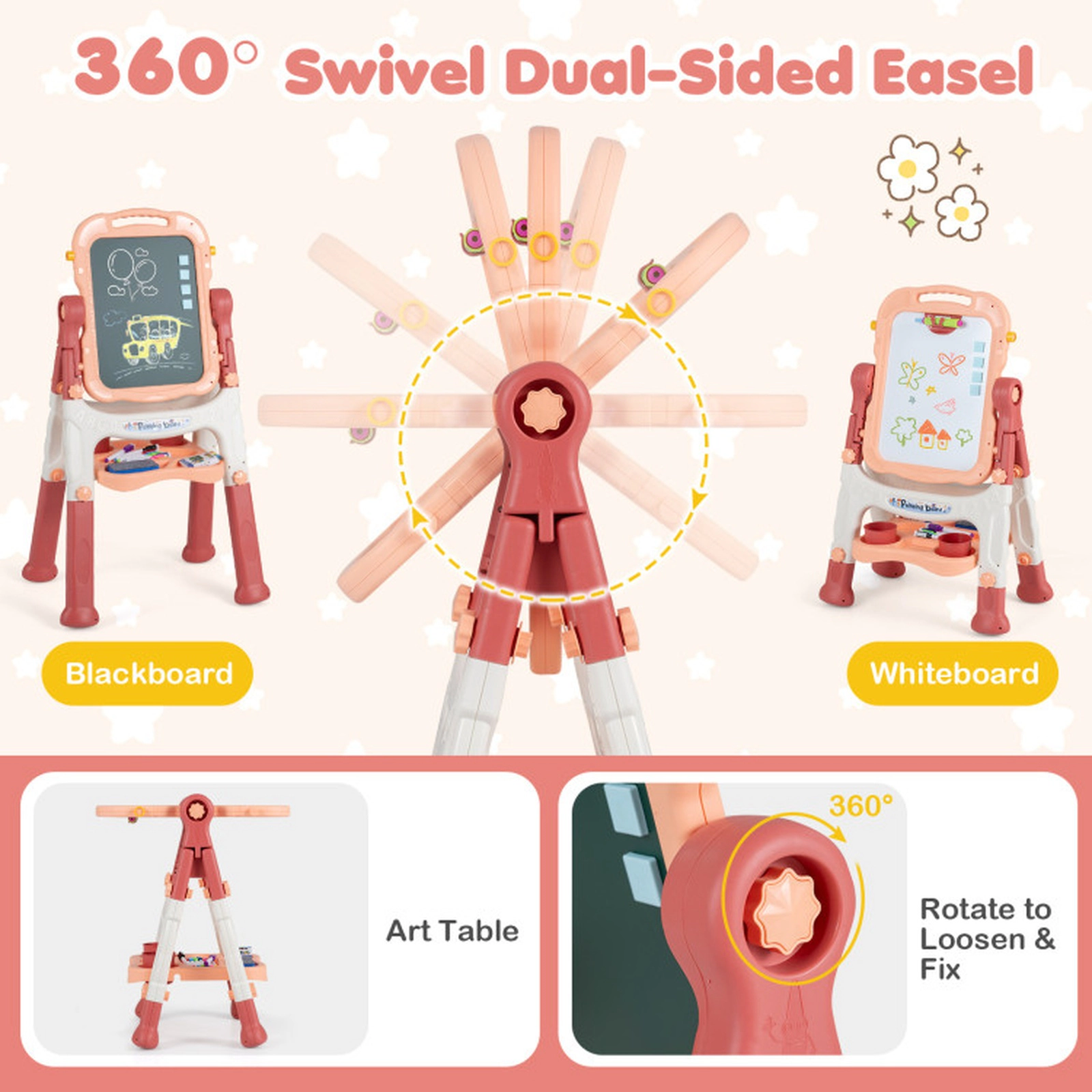 SUGIFT Pink 360-Degree Swivel Board and 2 Height Settings Kids Art Easel