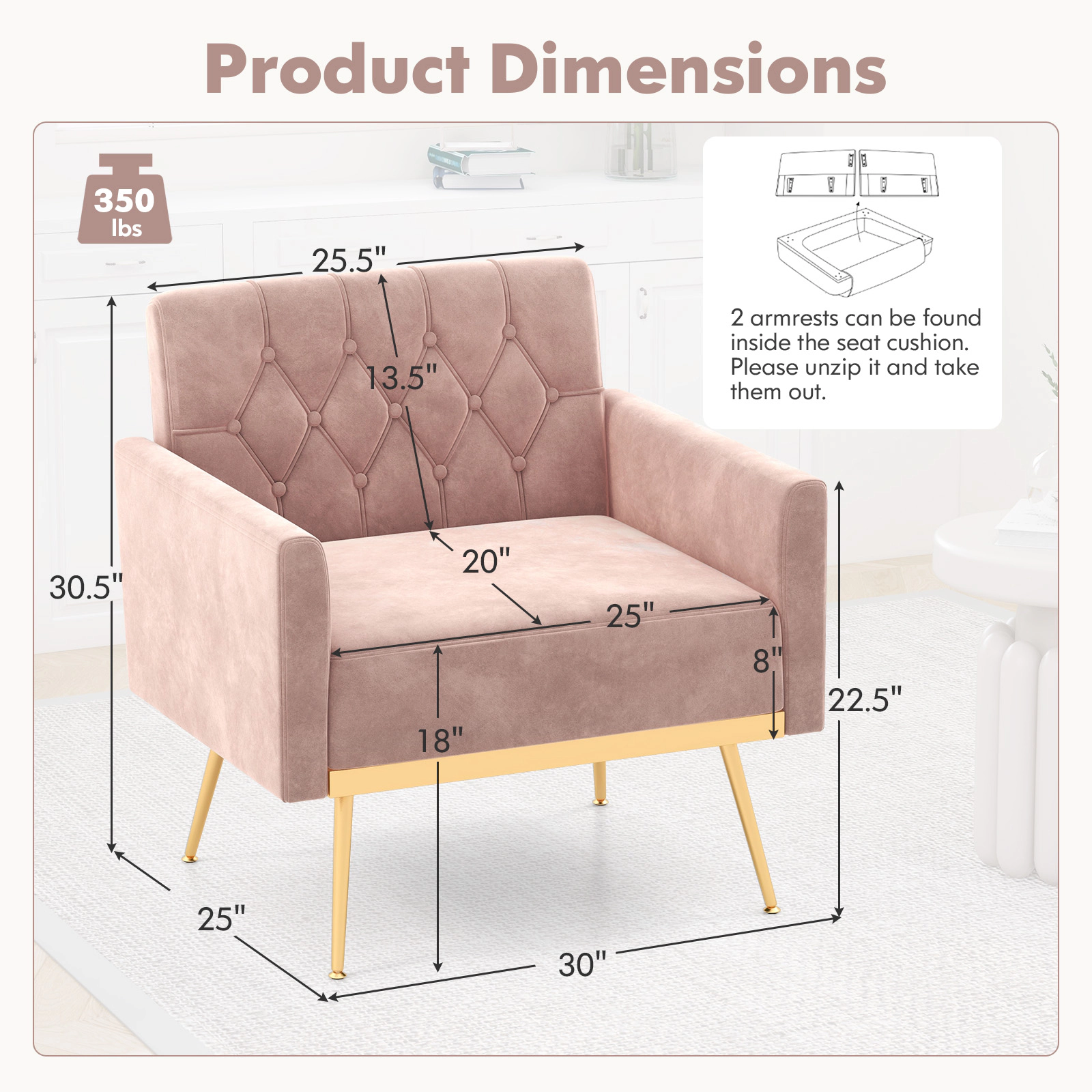 Hivvago Velvet Armchair with Tufted Backrest, Gold-Finished Legs