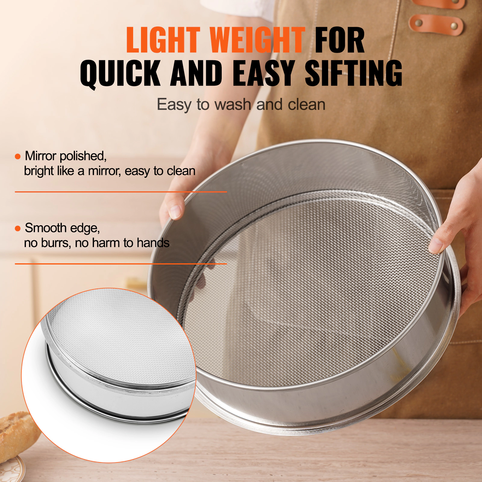 HONGGE Flour Sieve Fine Mesh, Flour Sifter, 304 Stainless Steel Fine Mesh Sifter Food-grade