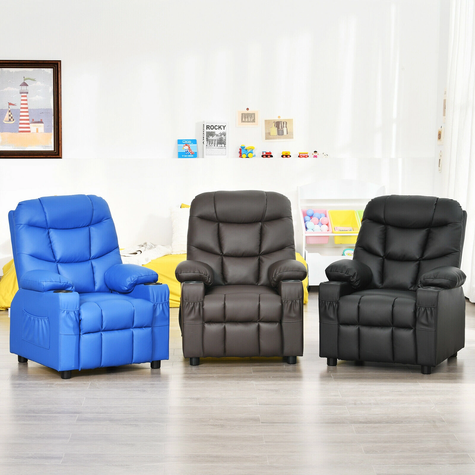 SUGIFT Kids Recliner Chair with Cup Holders and Footrest 120-lb Capacity Over 3 Years Blue