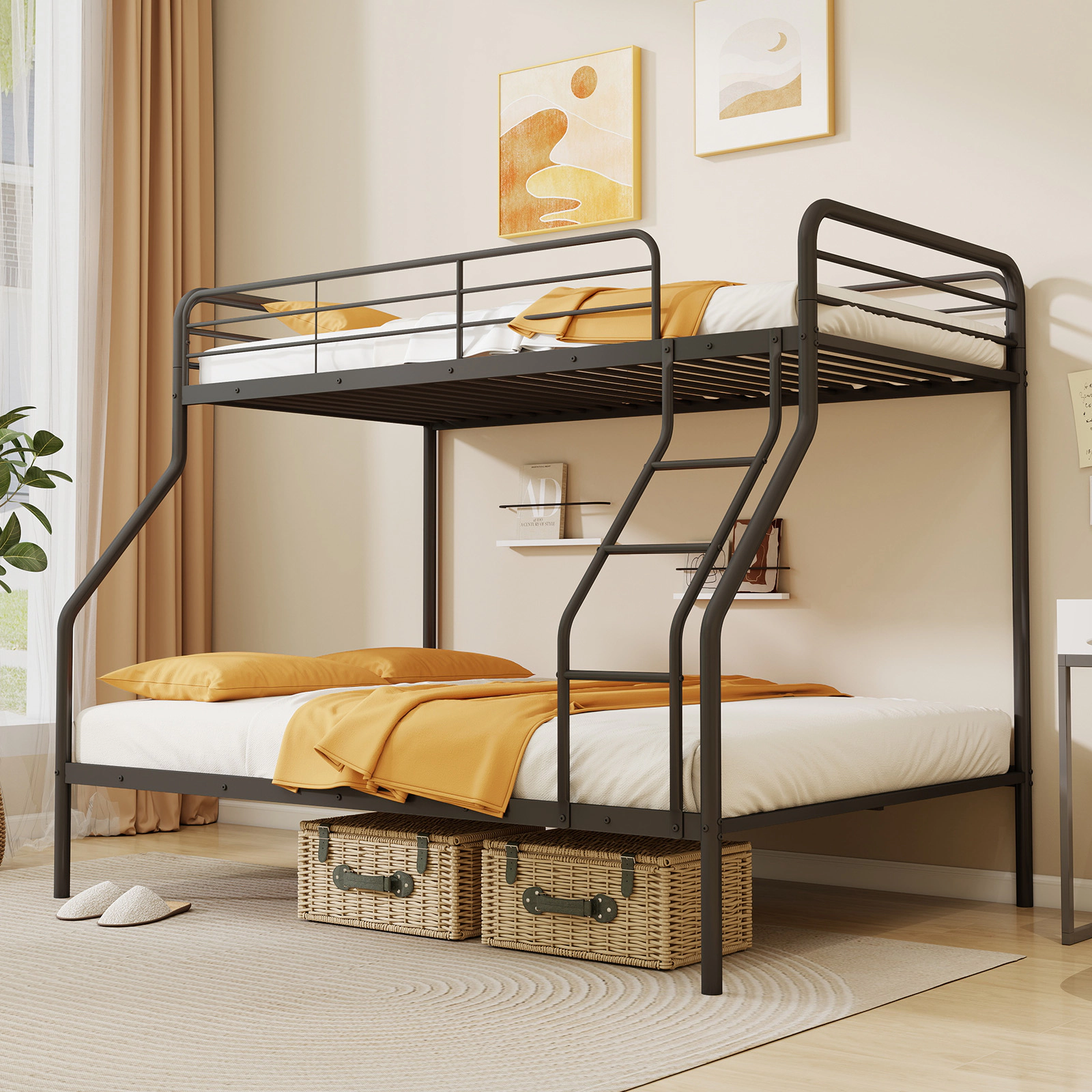 Twin Over Full Bunk Bed Metal Bunk Beds with Full Length Guardrails Integrated Ladder Black