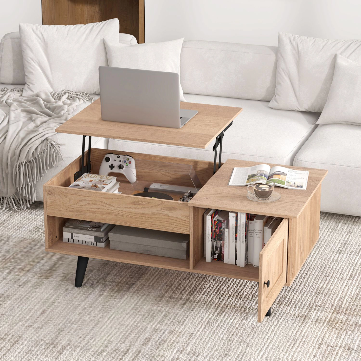 SlickBlue Lift Top Coffee Table with Storage Cabinet and Shelves