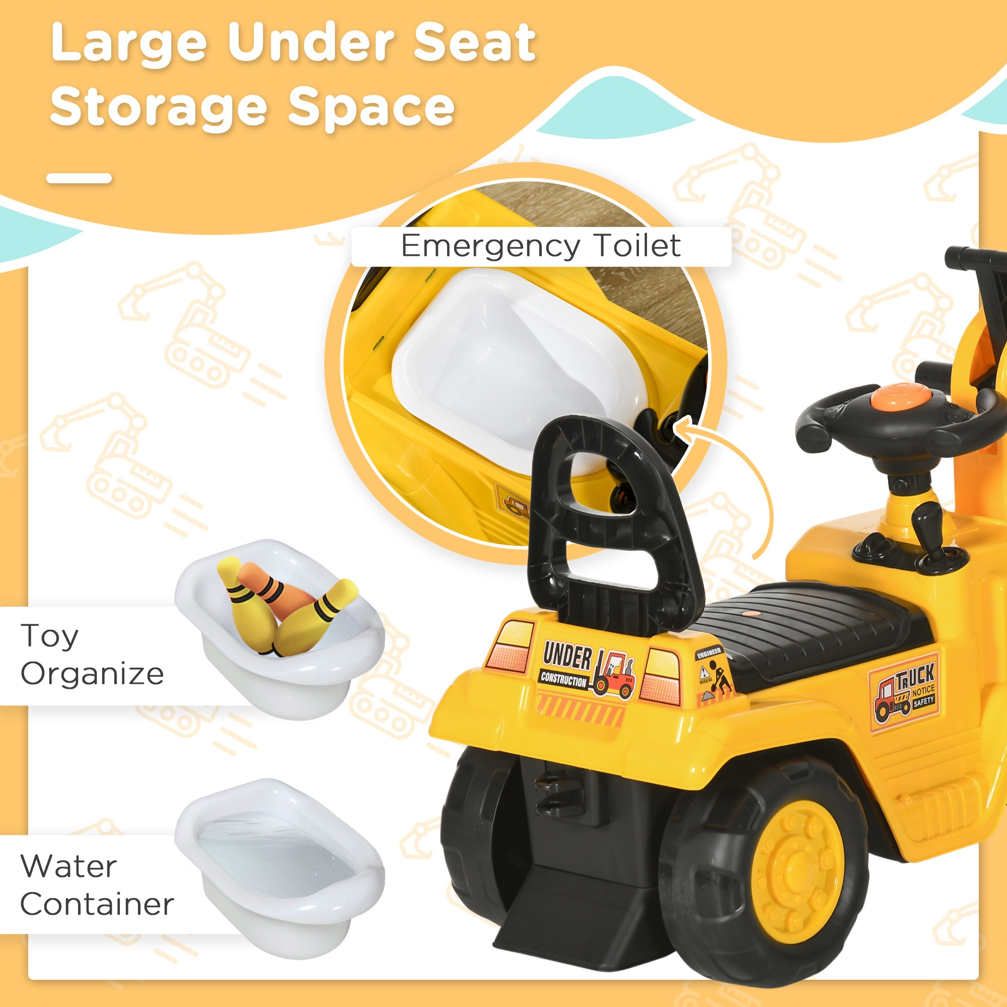 HONGGE 2-in-1 Ride-On Digger Toy with Pull Cart, Front Loader Bucket & Under-Seat Storage, Ages 18-48 Months