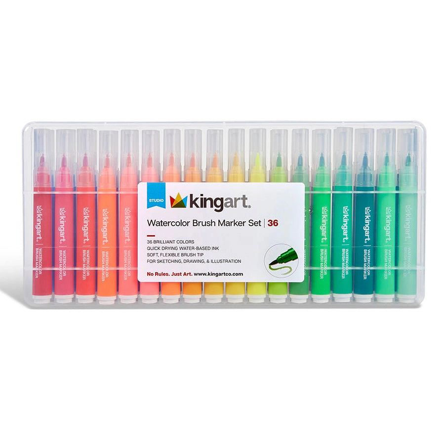KINGART Soft Tip Watercolor Brush Markers - 36 Colors, Water-Based, Non-Toxic